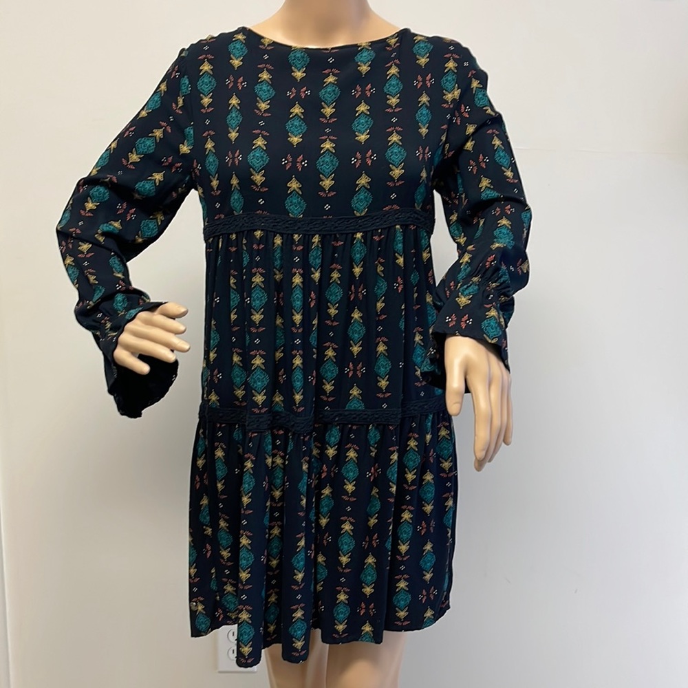 Roxy Boho Long Sleeve Tiered Short Dress with Aztec Design